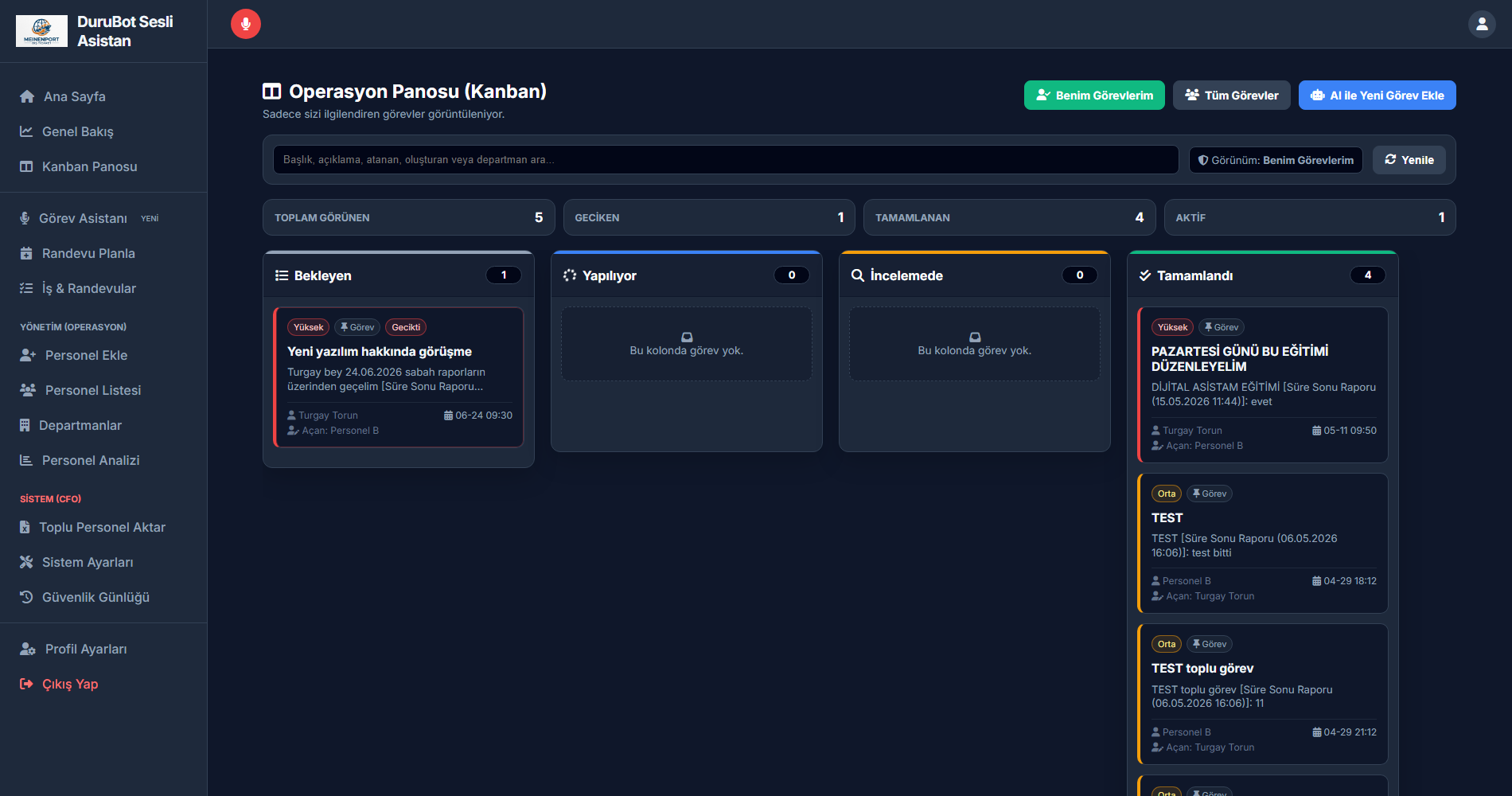 DuruBot Sesli Asistan Operasyon Panosu (Kanban) — bekleyen, yapılıyor, incelemede, tamamlandı kolonları
